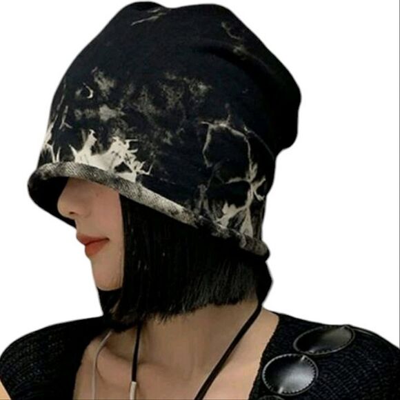 Black Rolling Edge Tie Dye Knit Hat Beanie - Picture 2 of 4